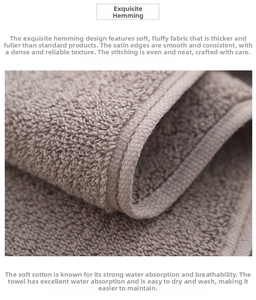 Macro detail of thick gray cotton towel showing soft texture and premium satin edge stitching