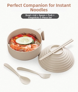 Detailed five-piece wheat straw ramen bowl set with lid and cutlery in beige finish