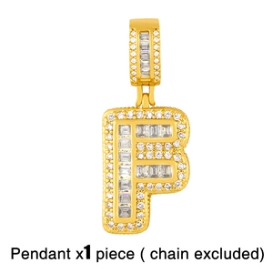 Detailed close-up of iced out letter F pendant with shimmering square and round crystals