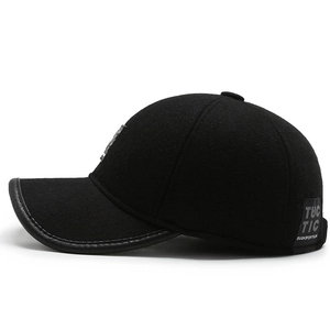 Men's winter thick baseball cap with ear flaps in black wool felt and leather trim