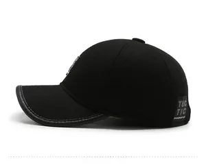 Detail view of thickened wool baseball cap with side label and leather edge piping