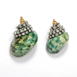 Natural green shell pendants with sparkling rhinestones and golden bead accents