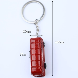 Detailed dimensions of red metal London bus keychain with 100mm total length