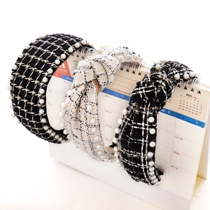 Vintage Tweed Plaid Knotted Headband With Faux Artificial Pearl Elegant Wide Brim Fabric Hair Band Retro French Style For Women