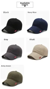 Detail of five cotton baseball caps in black, navy, grey, khaki and army green with embroidery