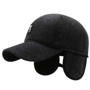 Men's wool baseball cap in dark grey with warm ear flaps for winter outdoor activities