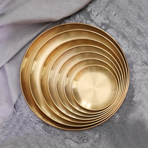 Nordic Vintage Gold Stainless Steel Round Storage Tray Metallic Brushed Decorative Plate For Jewelry Cosmetics Desktop Organization