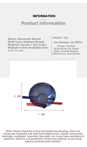 Detail view showing dimensions of geometric acrylic brooch with blue and red layering