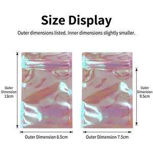 Holographic laser ziplock bags for jewelry packaging in two sizes on white background