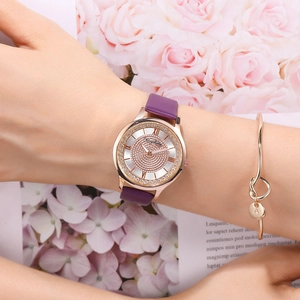 Elegant women's purple leather watch with rose gold case and sparkling diamond dial face