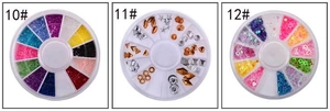 Three-pack nail art wheel kits including micro-beads, metal rivets, and shaped sequins