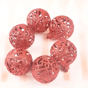 Set of 6 red glitter hollow Christmas tree ornaments arranged in a circular layout