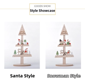 Detail of wooden Christmas tree tabletop ornaments with Santa and snowman figurines
