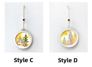 Detail of LED lighted wooden Christmas tree ornaments featuring deer and forest silhouettes