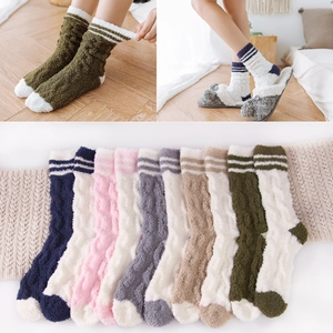 Women Winter Thickened Coral Fleece Sleeping Socks Soft Warm Home Floor Socks Stripe Design Cable Knit Cozy Mid Tube