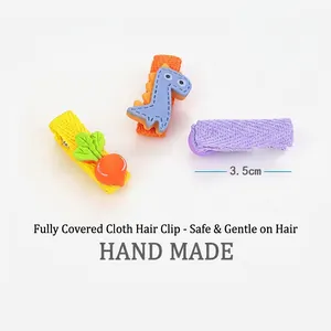 Set of 3 handmade knitted fabric hair clips for kids with carrot and dinosaur decor