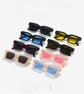 Detailed grid of vintage rectangular sunglasses in multiple frame and lens color variations