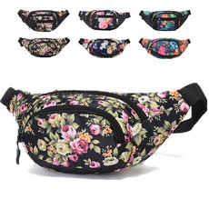 Collage of outdoor waterproof oxford waist bags in multiple floral pattern variations