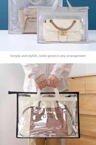 Close-up of transparent PVC handbag storage bag with smooth zipper and durable handles