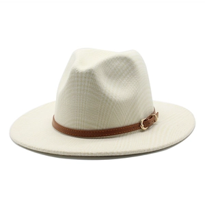 Classic beige wool fedora hat with a houndstooth pattern and brown leather band detail