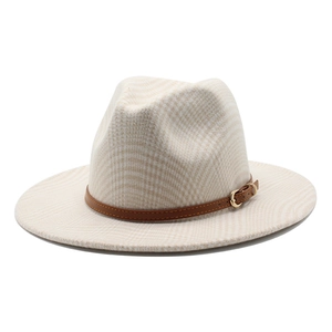 Classic houndstooth jazz fedora hat with brown leather band and gold buckle detail