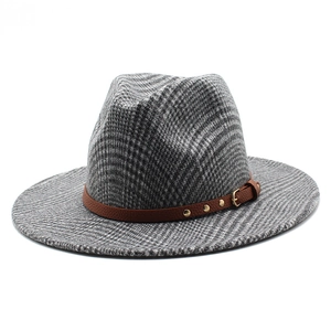 Classic plaid wool fedora hat with a brown leather decorative band and gold rivets