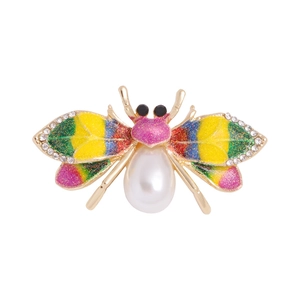 Golden honey bee brooch with colorful enamel wings, sparkling rhinestones, and large pearl
