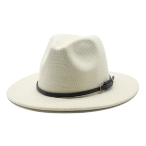 Classic beige wool fedora hat with flat wide brim and black leather buckle band accessory