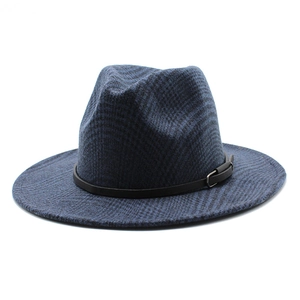 Detail of blue and black plaid fedora with black leather band and silver buckle closure