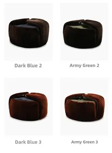 Detail view of thickened faux fur winter bomber hat in navy blue and olive green colors
