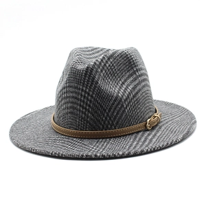 Elegant wool jazz fedora hat in grey plaid pattern with brown leather strap and gold buckle