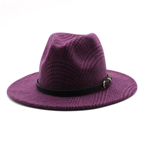 Elegant purple wool fedora hat with black leather band and gold buckle for women