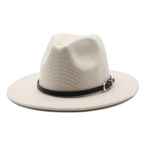Elegant beige plaid wool fedora hat with black leather band and gold buckle detail