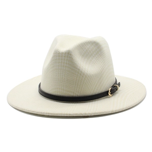 Women's autumn wool fedora hat in beige with checked texture and buckled belt