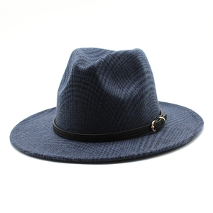 Detailed 45-degree angle of dark blue checkered wool fedora with a black leather buckle band