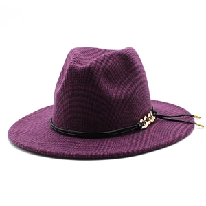Purple plaid wool jazz fedora hat with black leather band and gold metal chain