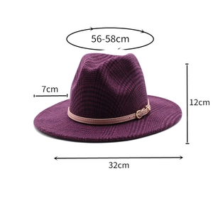 Size guide for wool fedora hat showing 56-58cm circumference and 7cm brim width