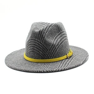 Classic grey plaid wool fedora hat featuring a stylish yellow leather band and metal buckle