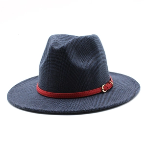 British style fedora hat in blue checked wool with contrast red leather strap and buckle