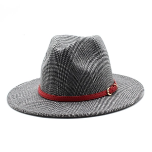 Classic grey plaid wool jazz fedora hat with a contrasting red leather belt and gold buckle