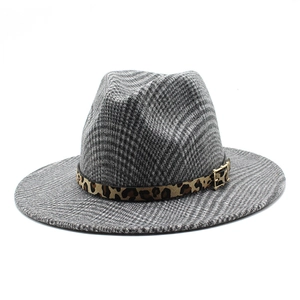Classic houndstooth wool fedora hat with leopard print band and golden buckle detail