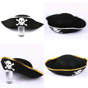 Detailed top and side views of black pirate tricorn hats with gold and silver trim