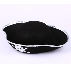 Close-up of black pirate hat with silver trim and skull and crossbones print