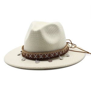 Beige wool fedora hat with ethnic embroidery ribbon and vintage metal coin charms