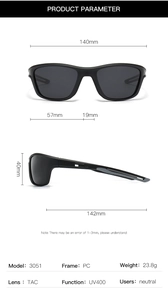 Detailed size chart showing frame width and lens dimensions for sports sunglasses