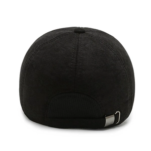 Rear view of black winter baseball cap with metal buckle and ribbed comfort stretch
