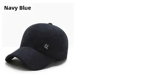 Detailed view of navy blue wool baseball cap with metallic SR logo and thick texture