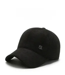 Detail of winter baseball cap with thick wool fabric and silver metal R logo accent