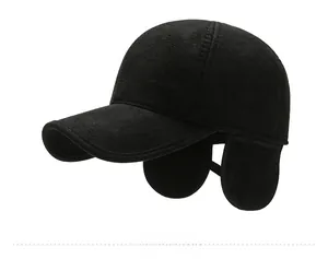 Detailed side view of a black winter baseball cap featuring warm ear flaps and SR metal logo