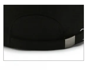 Detail of adjustable metal buckle and strap on the back of a black winter thermal cap